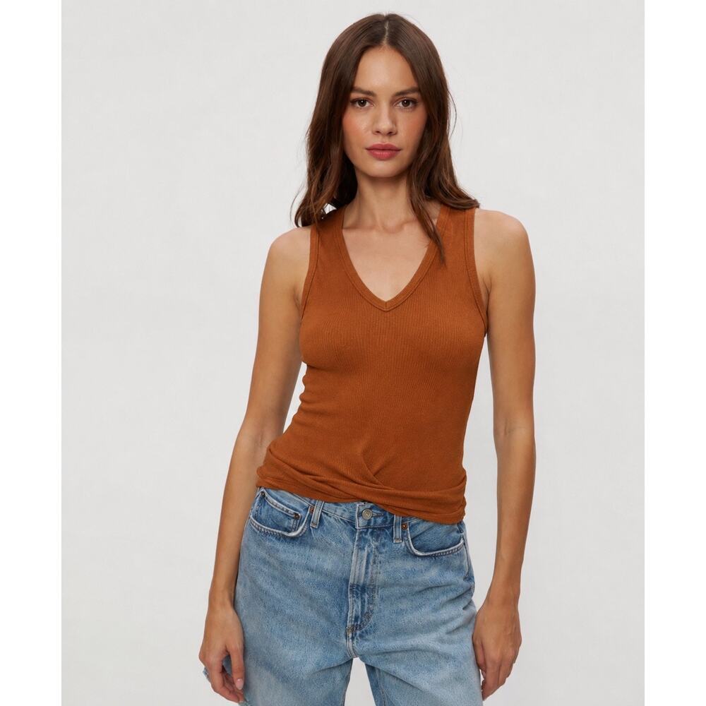 Michael Stars Blanche Sleeveless Ultra Rib Ruched Side Tank Top Toffee M NWT